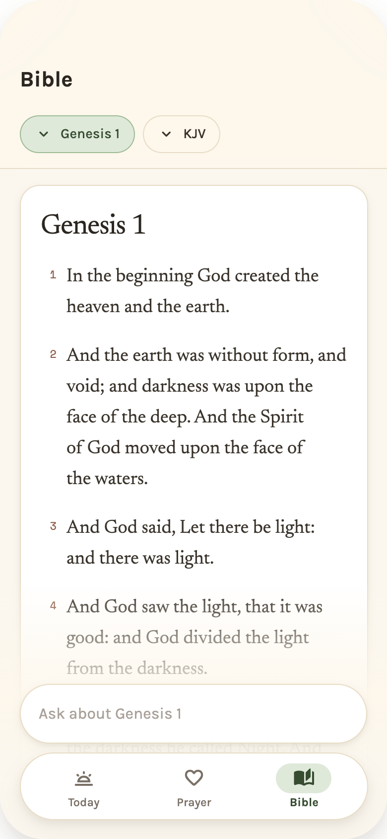 Eli app showing Genesis 1 and an option to ask about the passage